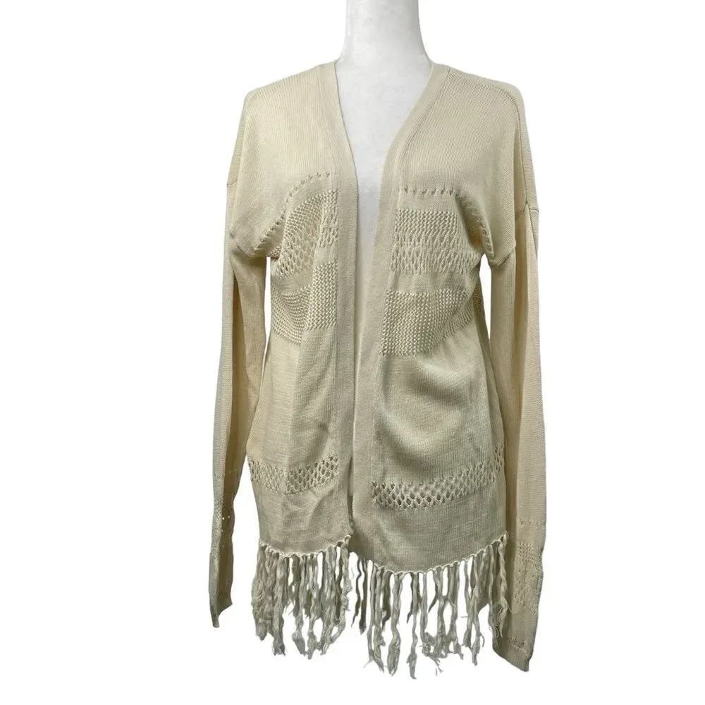 Wild Pearl Open Cardigan with fringe boho cotton crochet design Large cream